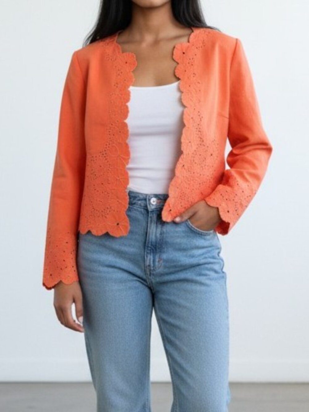 JAEGER Orange 100% Linen Open Eyelet Scalloped Cropped Jacket sz US 4 / UK 8
